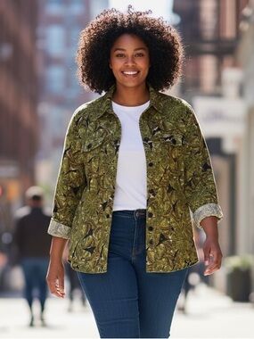CJ Banks Olive Green Patterned Button-Front Shirt/Jacket